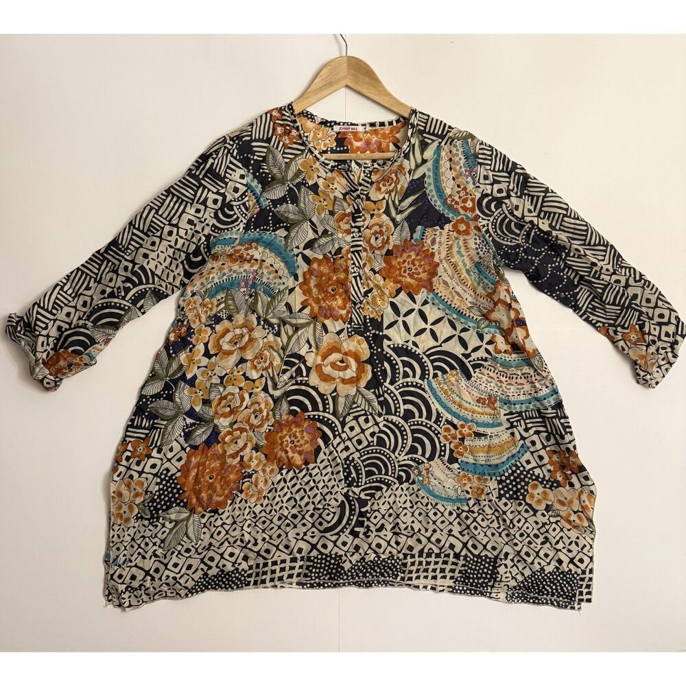 Johnny Was Womens S Silk Floral Mixed Print Boho Tunic Blouse 3/4 Sleeve